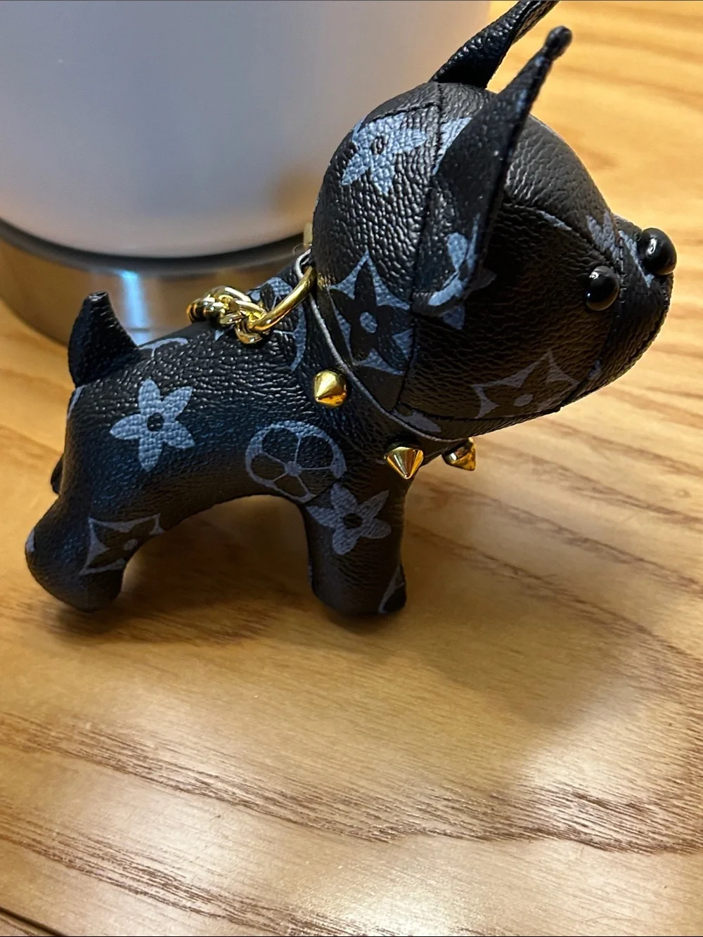 Designer-Style Black and Gray Dog Keychain with Gold Chain